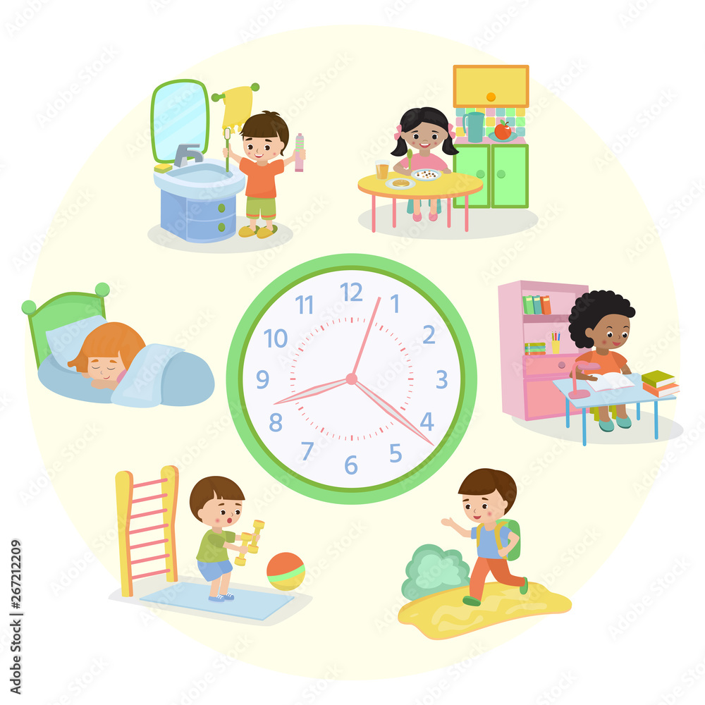 Children schedule banner vector illustration. Daily routine. Set of kids activities, child waking up, sleeping, brushing teeth, eating, going to school, learning, doing exercises. Children schedule banner vector illustration. Daily routine. Set of kids activities, child waking up, sleeping, brushing teeth, eating, going to school, learning, doing exercises.