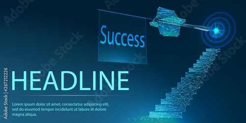 Stairway with target circle. Polygonal wireframe low poly Vector. 	Banner. Abstract image of a starry sky or space, consisting of points, lines, n the form of stars and the universe. Low poly vector