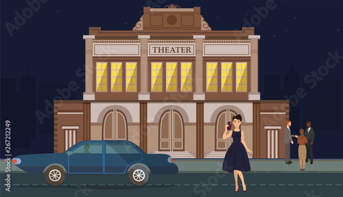 Woman character wearing luxury outfit near car on theater building background. Girl in elegant dress with phone at theater. Couple having date. Person at VIP event vector illustration.