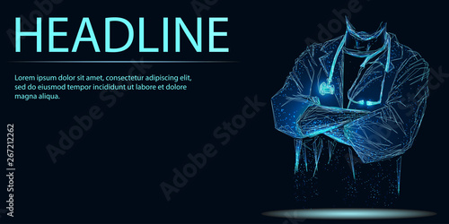 Doctor on line concept. Banner. Abstract image of a starry sky or space, consisting of points, lines, n the form of stars and the universe. Low poly vector