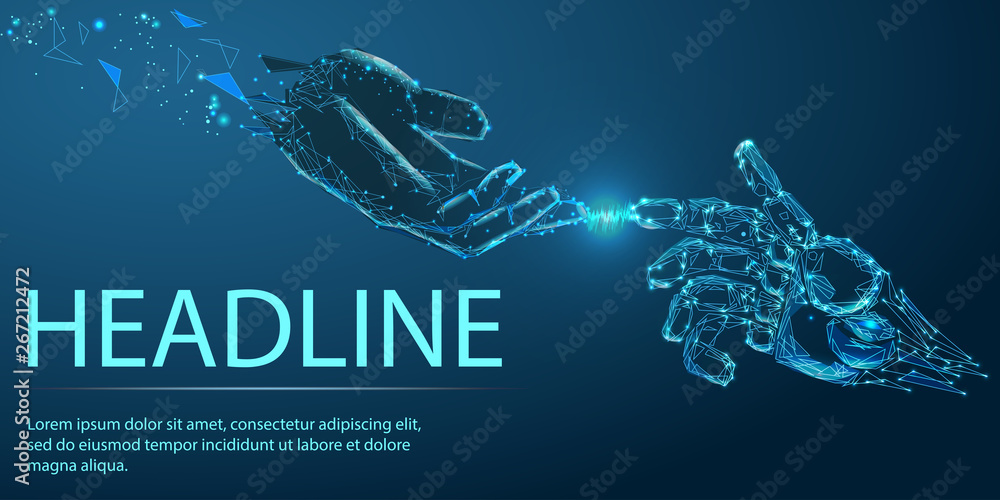 Robot arm and hand human, touch. Low poly wireframe style. Vector, Banner. Abstract image of a starry sky or space, consisting of points, lines, n the form of stars and the universe. Low poly vector