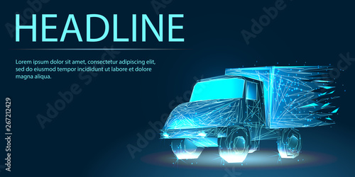 Fast delivery truck, Banner. Abstract image of a starry sky or space, consisting of points, lines, n the form of stars and the universe. Low poly vector