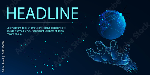 Human hand holding globe. Polygonal wireframe low poly Vector	