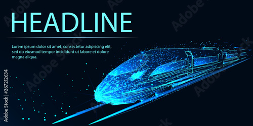 Modern high speed train. Banner. Abstract image of a starry sky or space, consisting of points, lines, n the form of stars and the universe. Low poly vector