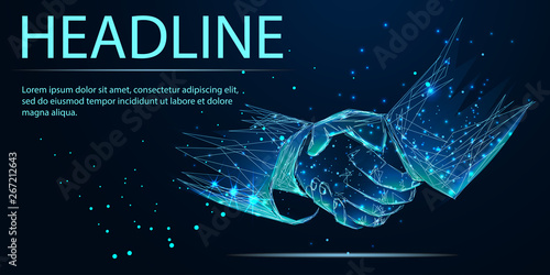 Business handshake Low poly wireframe style. Vector, Banner. Abstract image of a starry sky or space, consisting of points, lines, n the form of stars and the universe. Low poly vector