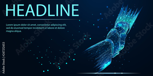 Business handshake. Low poly wireframe style. Vector, Banner. Abstract image of a starry sky or space, consisting of points, lines, n the form of stars and the universe. Low poly vector