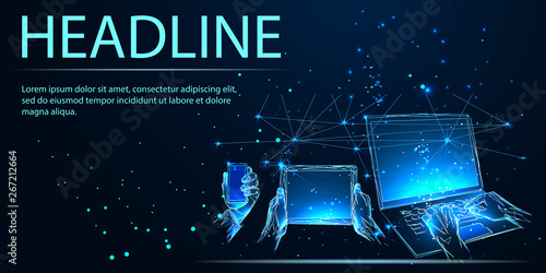 Hands touching tablet pc, smart phone and laptop, social media concept. Low poly wireframe style. Vector
