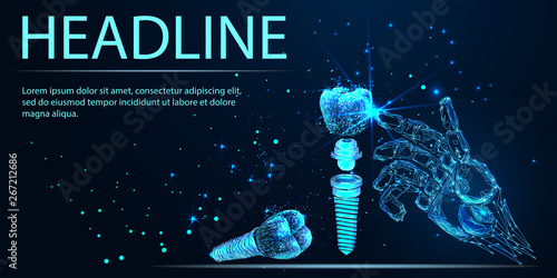 Tooth human implant. Dental concept. Banner. Abstract image of a starry sky or space, consisting of points, lines, n the form of stars and the universe. Low poly vector