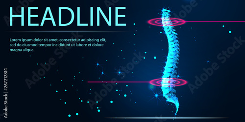 Human spine 3d model, Banner. Abstract image of a starry sky or space, consisting of points, lines, n the form of stars and the universe. Low poly vector