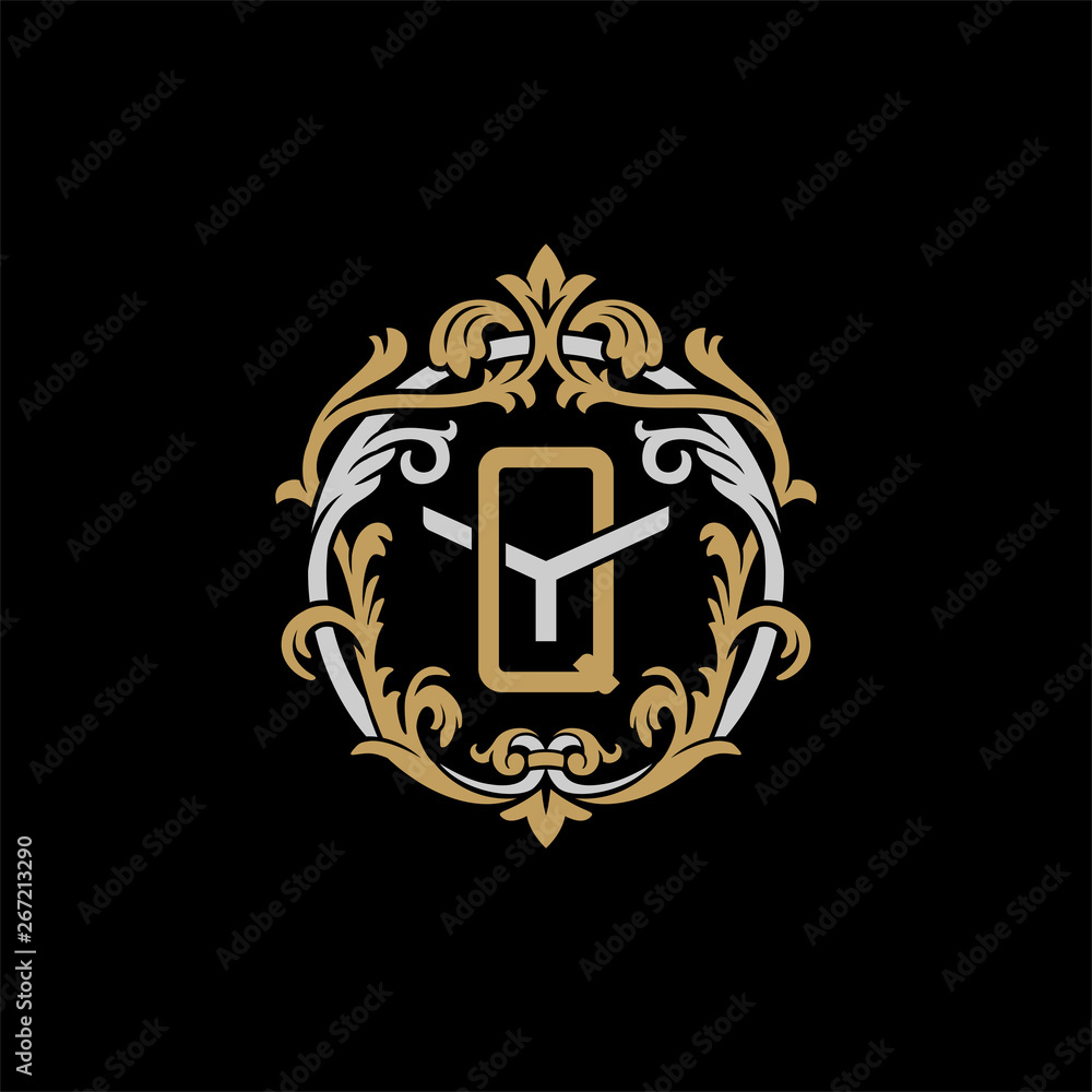Initial letter Y and Q, YQ, QY, decorative ornament emblem badge, overlapping monogram logo, elegant luxury silver gold color on black background