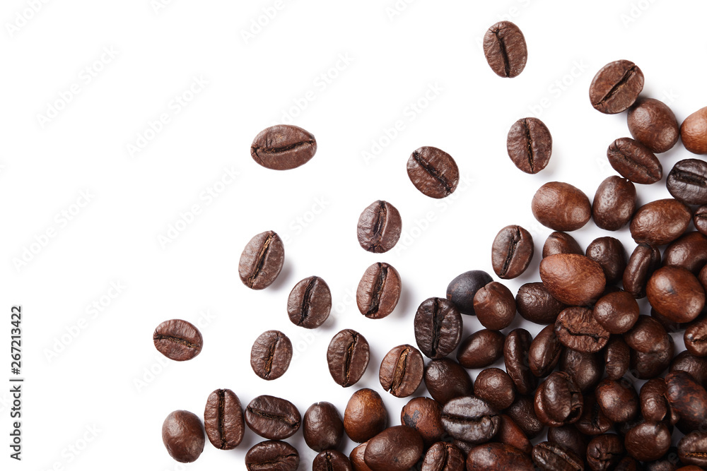 Roasted coffee beans isolated on white background with copy space. Roasted coffee beans isolated on white background with copy space.