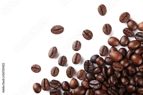 Roasted coffee beans isolated on white background with copy space. 