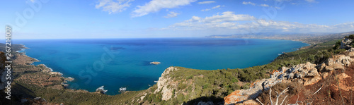 Chrysochous bay panorama, Cyprus. Popular locations in the picture - Akamas, Polis, Latchi, Argaka, Pomos, Cape Arnaoutis, Baths of Aphrodite, Blue Lagoon, Manolis bay, Fontana Amorosa