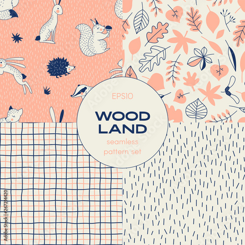Forest wildlife childish vector seamless pattern set. Hedgehog Squirrel Hare Fox Badger woody creatures repeatable background. Autumn Forest Leaves print. Linear Plaid backdrop. Simple neutral doodle