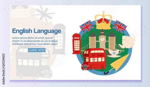 English language banner web design vector illustration. Learning foreign language online via Internet Discover English culture. Tourist sights and symbols of Great Britain.
