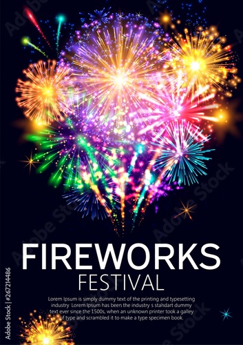 Fireworks festival bursting in various shapes and colors, sparkling lights against black background poster vector illustration. Advertisement of event at night. Invitation to holiday.