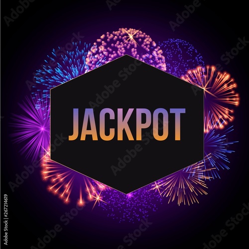 Jackpot advertisement template banner vector illustration. Fireworks bursting in various shapes and colors, sparkling lights against black background poster. Winning money.
