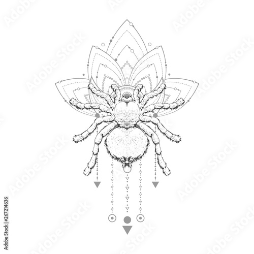 Vector illustration with hand drawn spider and Sacred geometric symbol on white background. Abstract mystic sign.