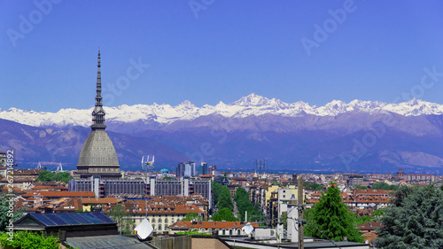 Turin  Torino  aerial timelapse skyline panorama with Mole Antonelliana  Monte dei Cappuccini and the Alps in the background. Italy  Piemonte  Turin.