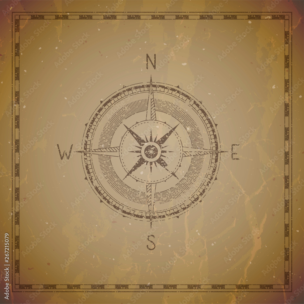 Vector illustration with a vintage compass or wind rose and frame on grunge background.