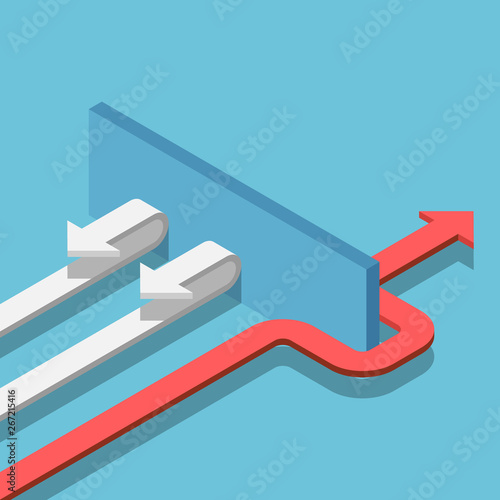 Isometric red arrow find the way to pass the wall to success