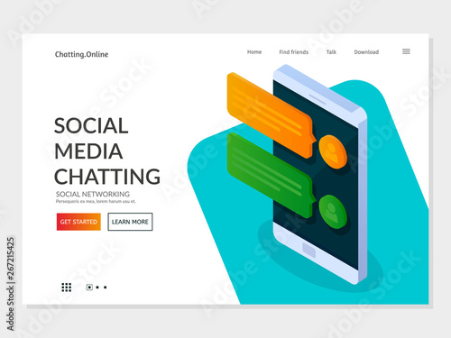 Social networking concept. Chatting and messaging. Landing page template. Vector 3d isometric illustration. EPS 10.
