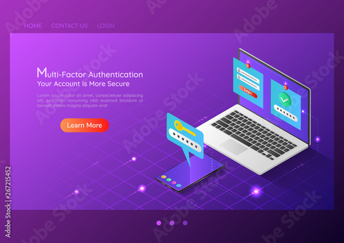 Isometric web banner two steps verification system on laptop and smartphone