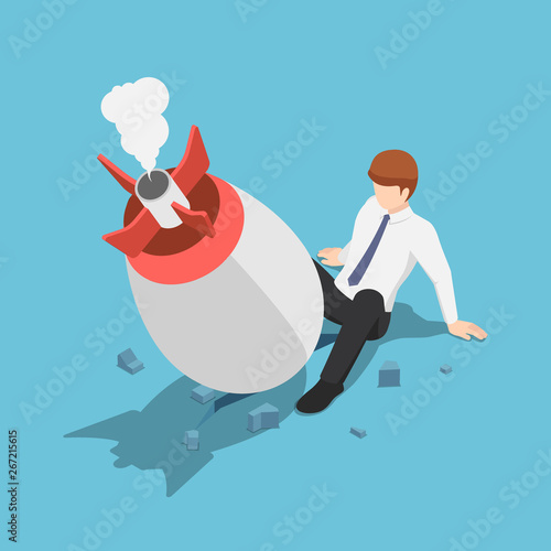 Isometric startup rocket crash on the floor between businessman leg