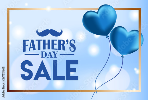 Father’s Day sale background, flying heart shaped balloons on blue bokeh lights, Vector Illustration