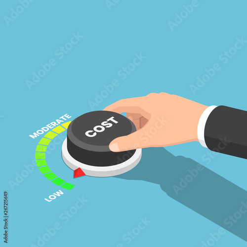 Isometric businessman hand turn cost dial to low position