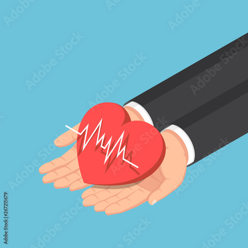 Isometric businessman hand holding red heart with electrocardiography line