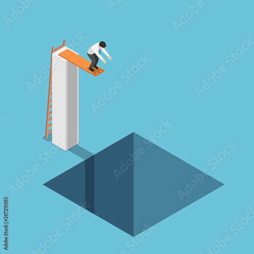 Isometric businessman at the highest point ready to jump into the hole