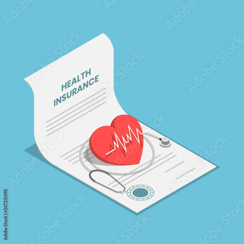 Isometric heart and stethoscope on health insurance contract document
