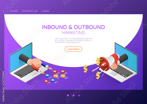 Isometric web banner businessman hand out from laptop with magnet and megaphone