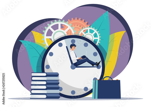Businessman working on laptop while sitting on clock hand