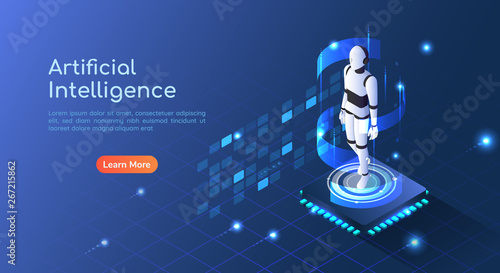 Isometric web banner Ai Robot floating on computer chip circuit board