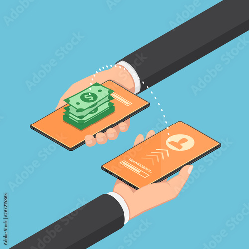 Isometric businessman transfering money through online banking by their smartphone