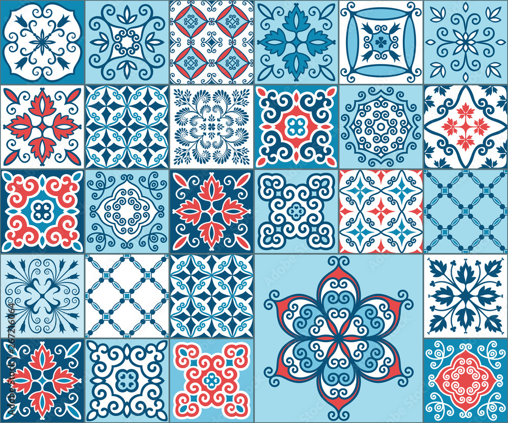 Vector seamless patchwork pattern of blue-red tiles.