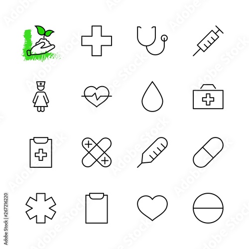 Set of Medicine vector line icons. It contains the first aid kit, nurse, syringe, thermometer, plastic, pills, heart, drop of blood, palpitation and much more. Editable Stroke. 32x32 pixels.
