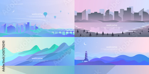 A set of minimalist landscapes.  Vector background in a flat style.  Futuristic concept.  Color gradient with wavy effect