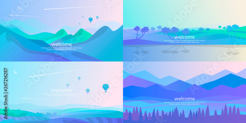 A set of minimalist landscapes. Vector background in a flat style. Futuristic concept. Color gradient with wavy effect