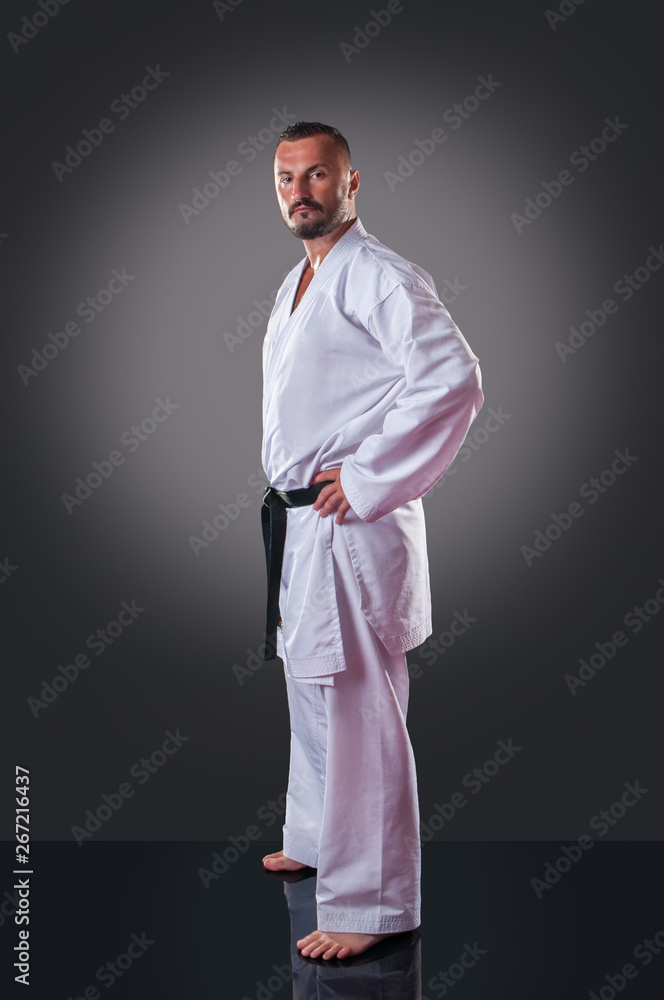 Handsome male karate player posing on the gray background Handsome male karate player posing on the gray background