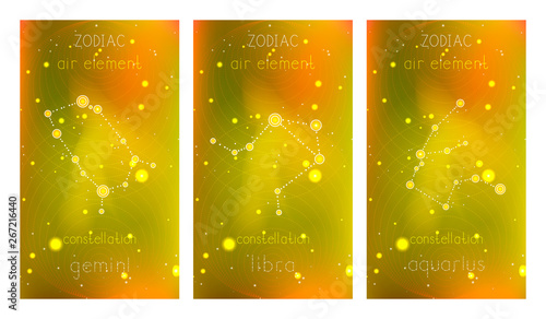 Set of three cards with Zodiac constellations and geometric symbol against abstract background with stars.