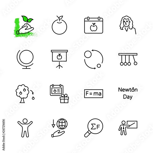 Newton's Day Set Line Vector Icon. Contains such Icons as Newton, Laws of physics and gravity, Flying Apple, Calendar, Teacher, blackboard and projector Editable Stroke. 32x32 Pixel Perfect