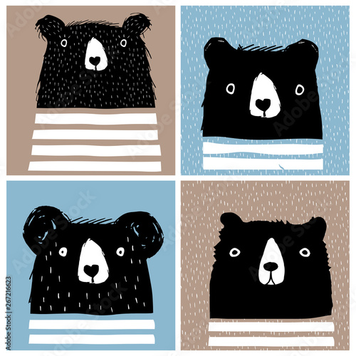 Set of 4 Nursery Arts with Black Teddy Bears on Blue and Brown Backgrounds. Cute Abstract Hand Drawn Bear Vector Design for Wall Art, Card, Invitation, Poster, Party Decor. Baby Boy Room Decoration.