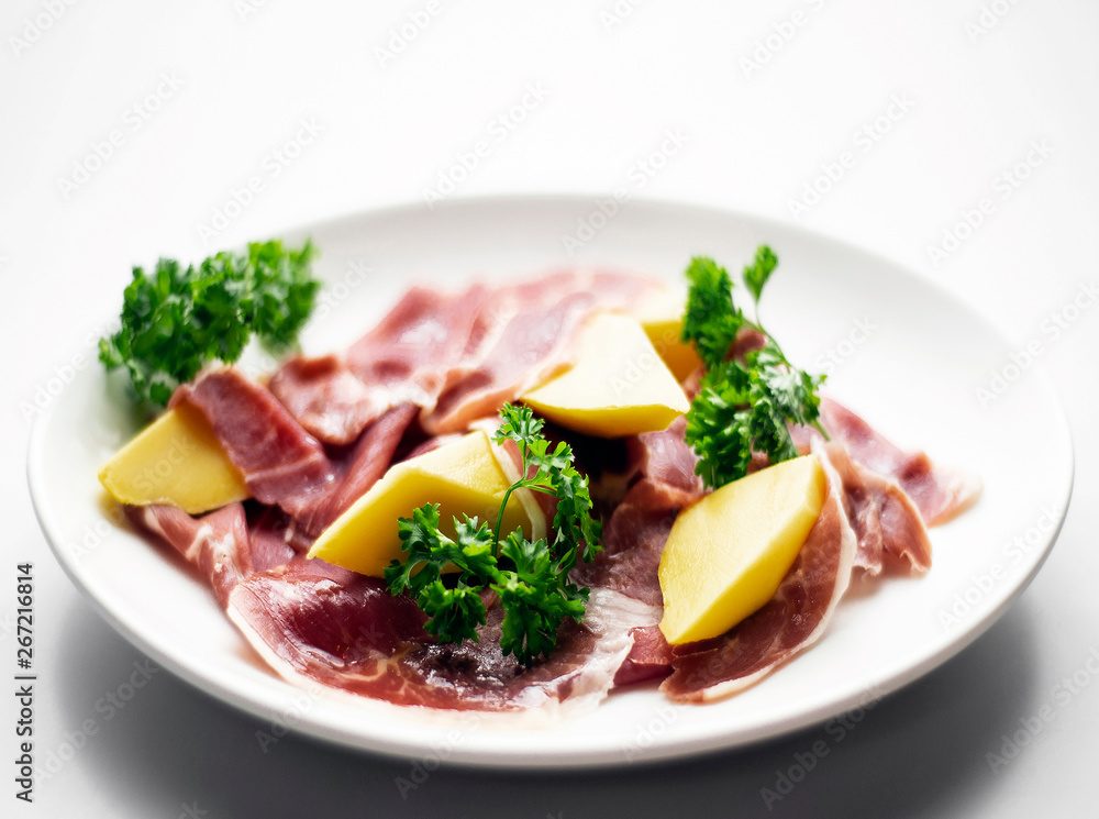 jamon serrano parma prosciutto style smoked ham with mango fruit jamon serrano parma prosciutto style smoked ham with mango fruit