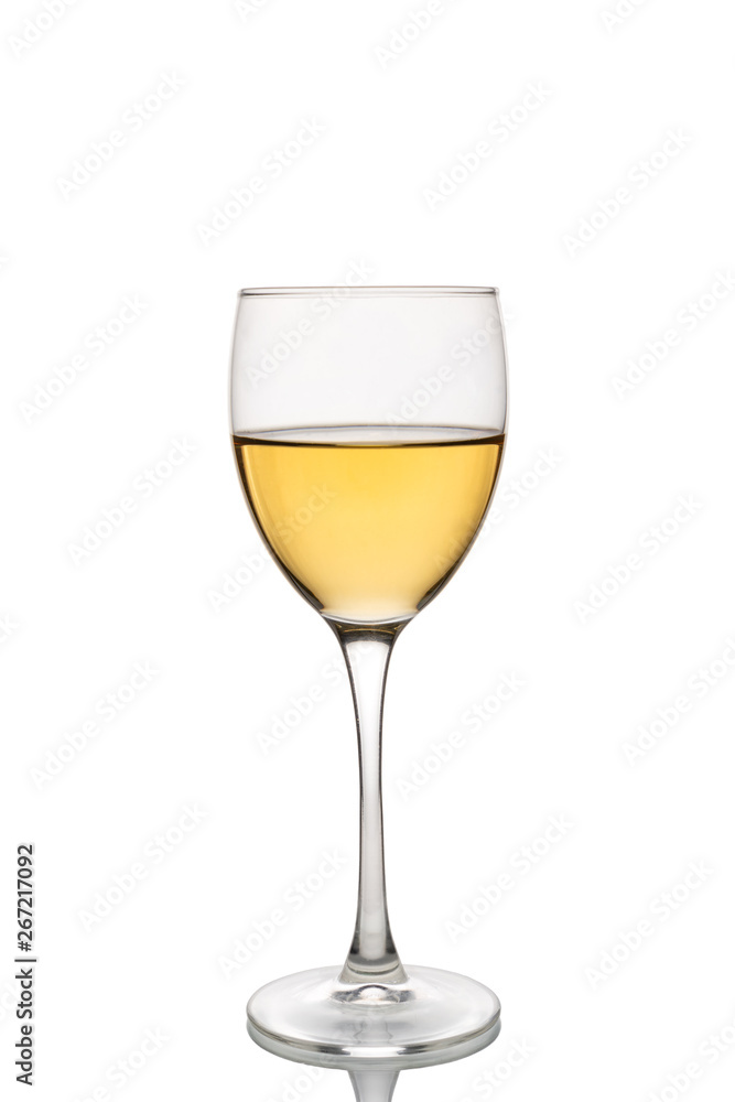 Wine glass with white wine half full. Wine glass with white wine half full.
