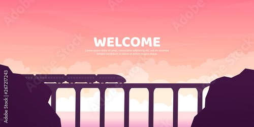 The train goes by the bridge. Vector illustration. Landscape in a flat style. Canyon