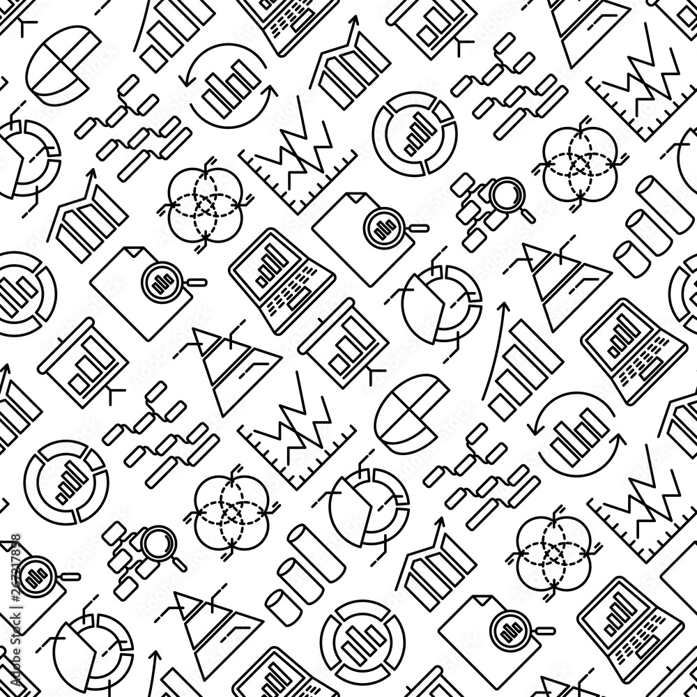 Analytics seamless pattern with thin line icons: diagram, chart, statistics, pyramid, business analysis. Modern vector illustration. Analytics seamless pattern with thin line icons: diagram, chart, statistics, pyramid, business analysis. Modern vector illustration.