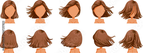 hair blown women set. Wide view The hair is blown away. Front, rear, left, right. Beautiful hairstyle brown short hair of female.  trendy haircut. vector icon set isolated on white background.
